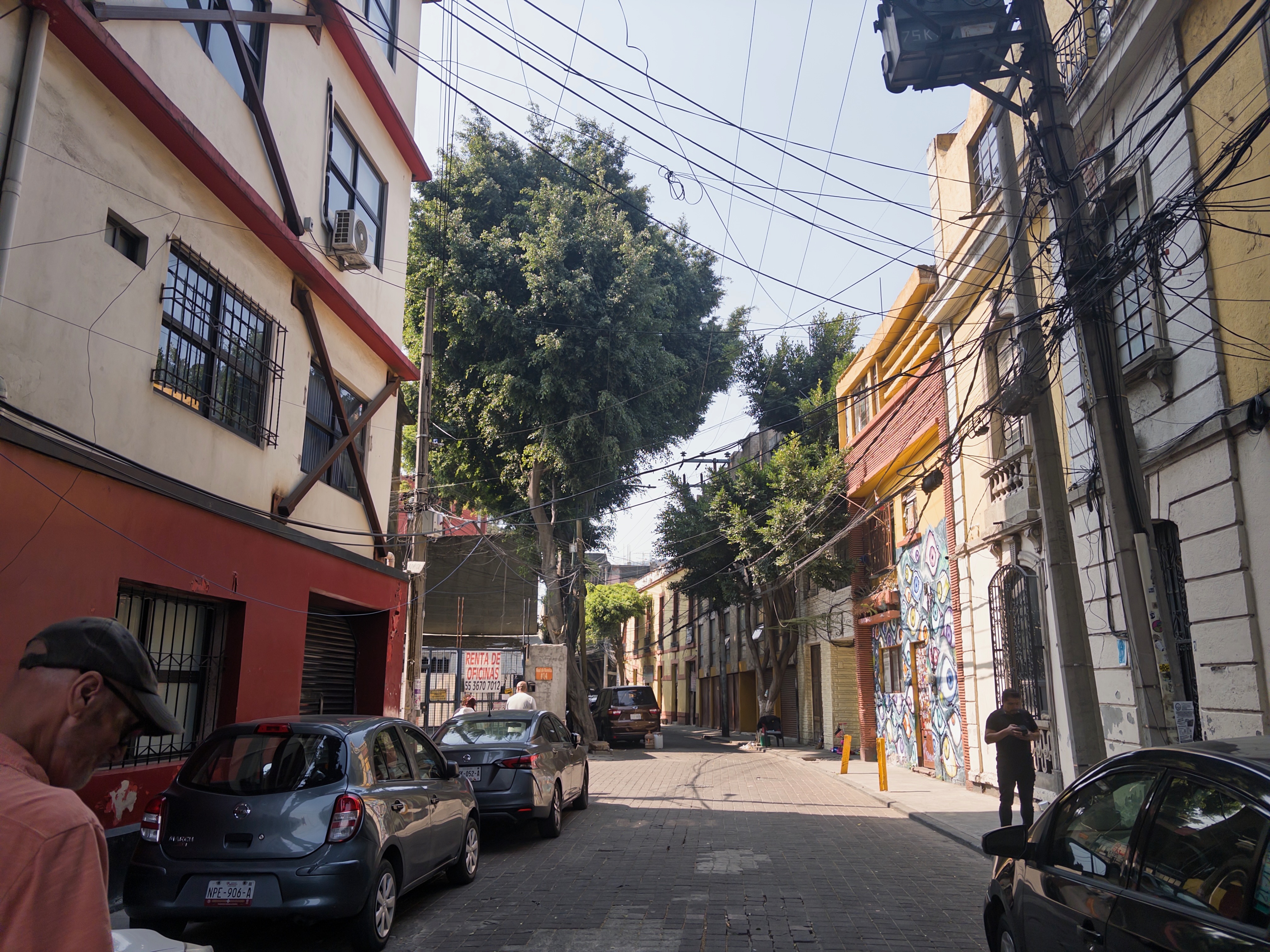 A narrow Mexico City side street with cobblestones, colorful low-rise buildings on either side — cream and red on the left, yellow and mural-covered on the right — tangled electrical wires overhead, a tree in the middle distance, parked cars along the curb, and a man in a cap in the foreground.