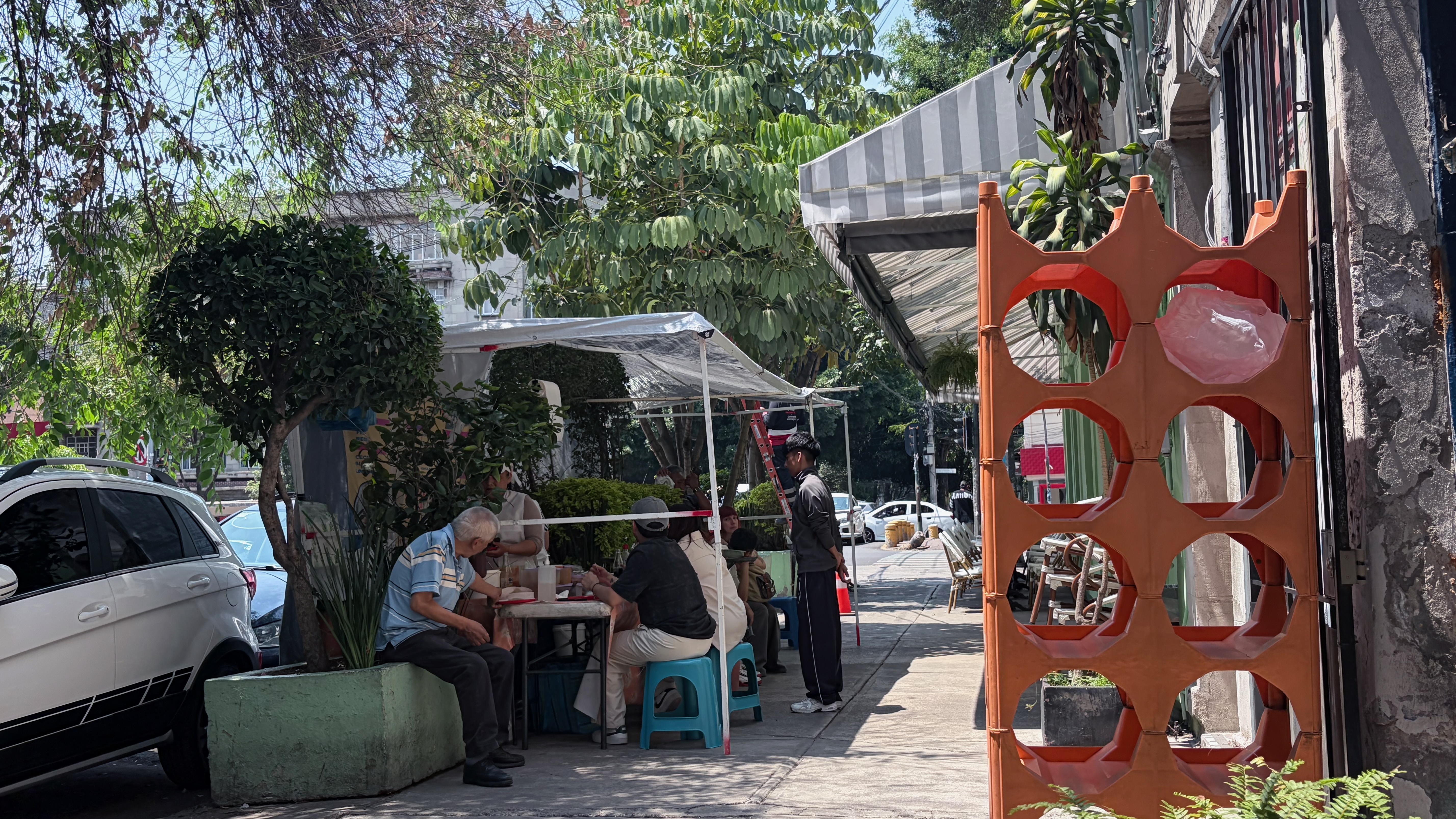 A group of people sit around a folding table on a wide sidewalk in Roma Norte, eating tacos under a white canopy tent on a sunny midday. A white SUV is parked to the left beside trimmed shrubs in concrete planters, a standing man in dark tracksuit looks on, and an orange interlocking plastic barrier tower stands in the foreground to the right.